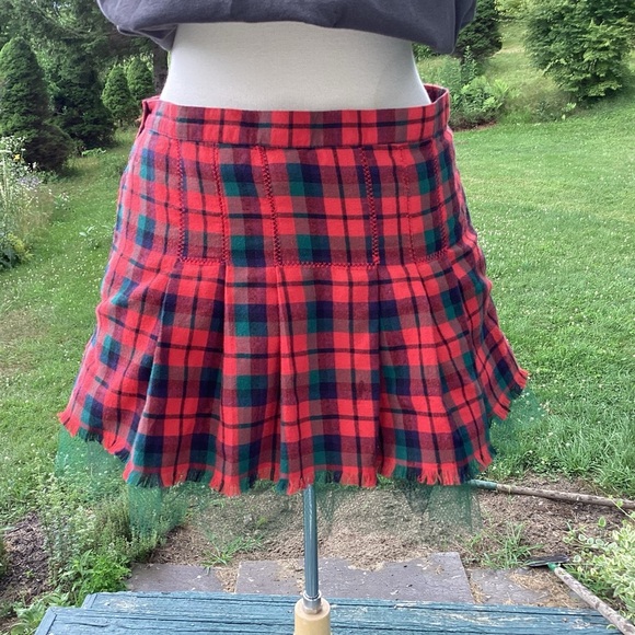 Upcycled vintage Orvis red plaid pleated mini skirt/net crinoline pockets Sz Med - Picture 4 of 14